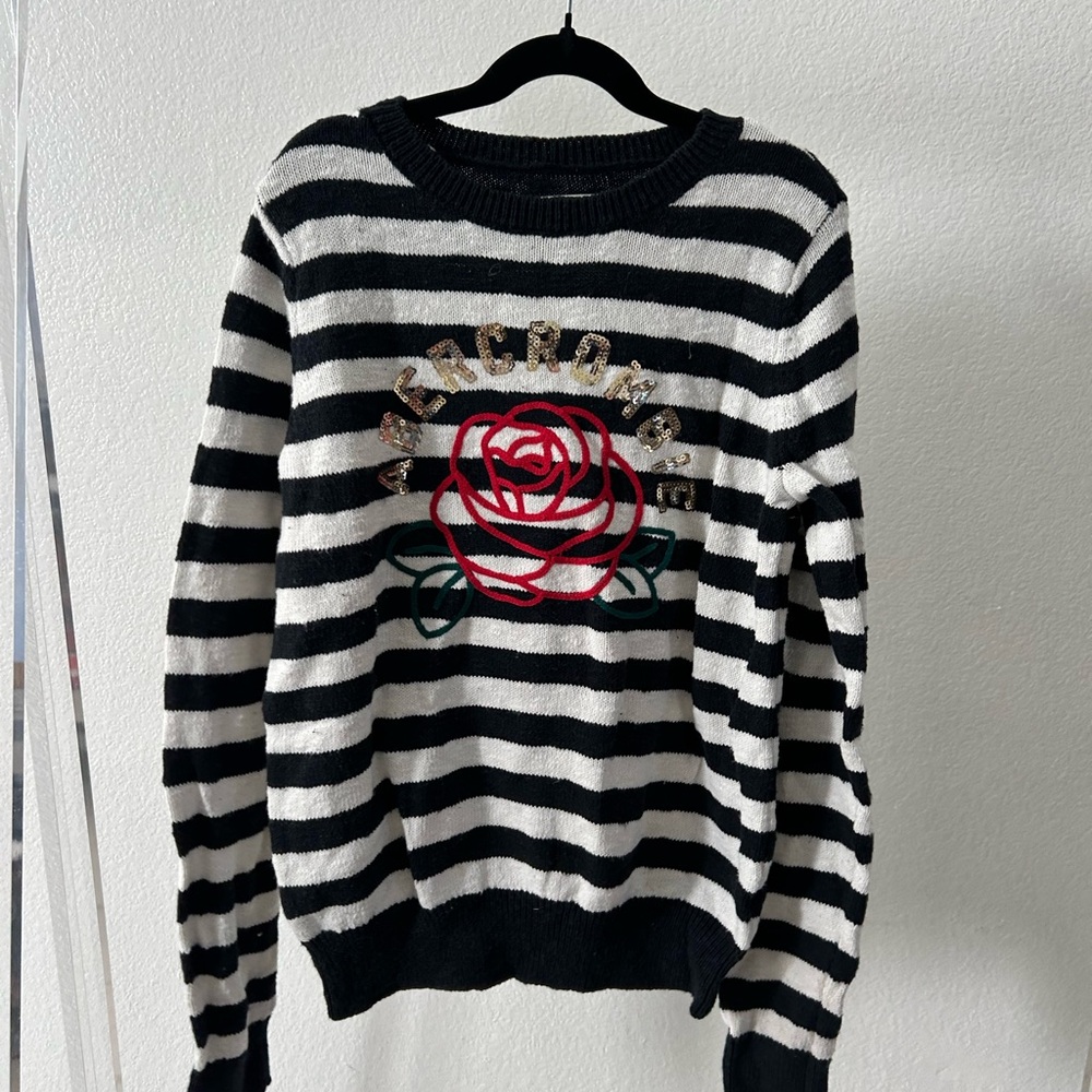 Abercrombie Kids Black and White Striped Sweater with Rose Design
